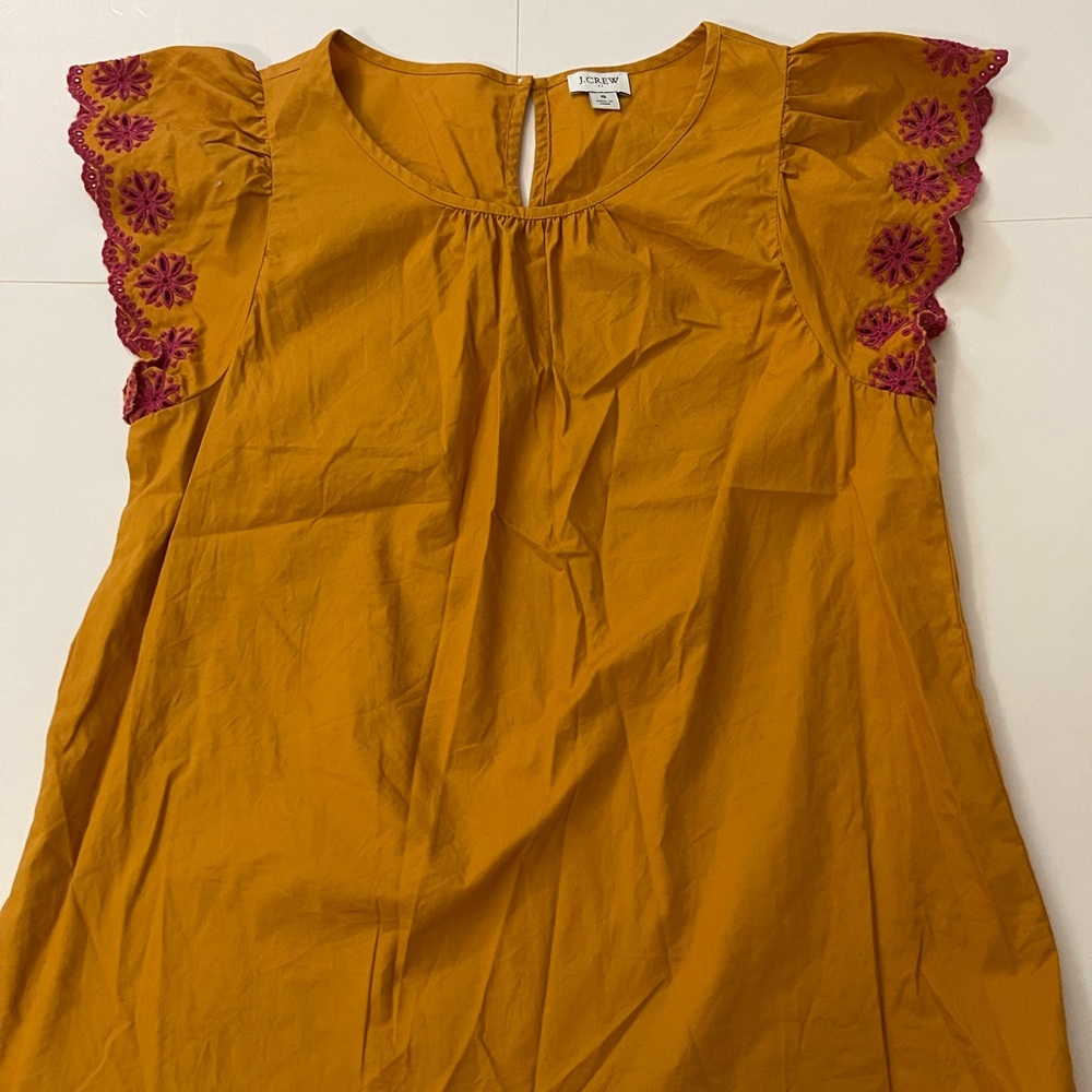 J. Crew Mustard and Pink Eyelet Embroidered Flutter Sleeve Top Size Small